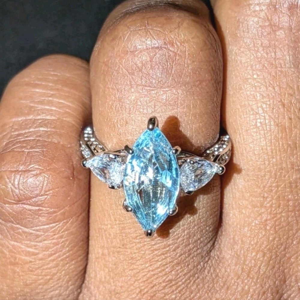 Luxury Quality 3.47CT Lab-Created Diamond Aquamarine Three Stone Engagement Ring